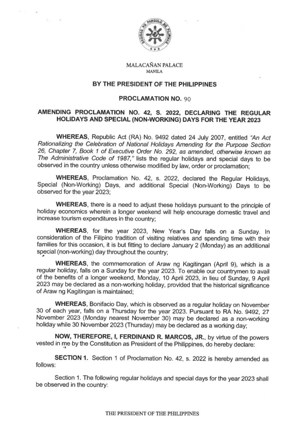 Palace updates list of holidays for 2023